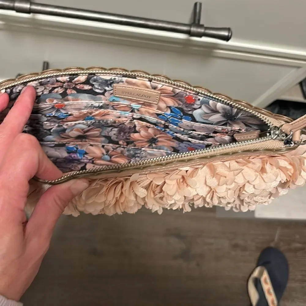 Stella and Dot floral clutch with 3D pastel pink floral, and floral interior